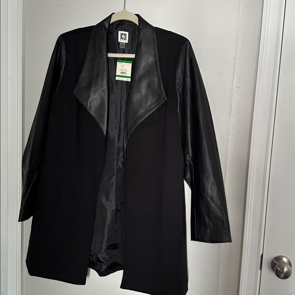 Black Faux Leather Trim Coat
